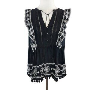 Anthropologie Akemi + Kin Adelina Embroidered Pom Detail Ruffle Blouse